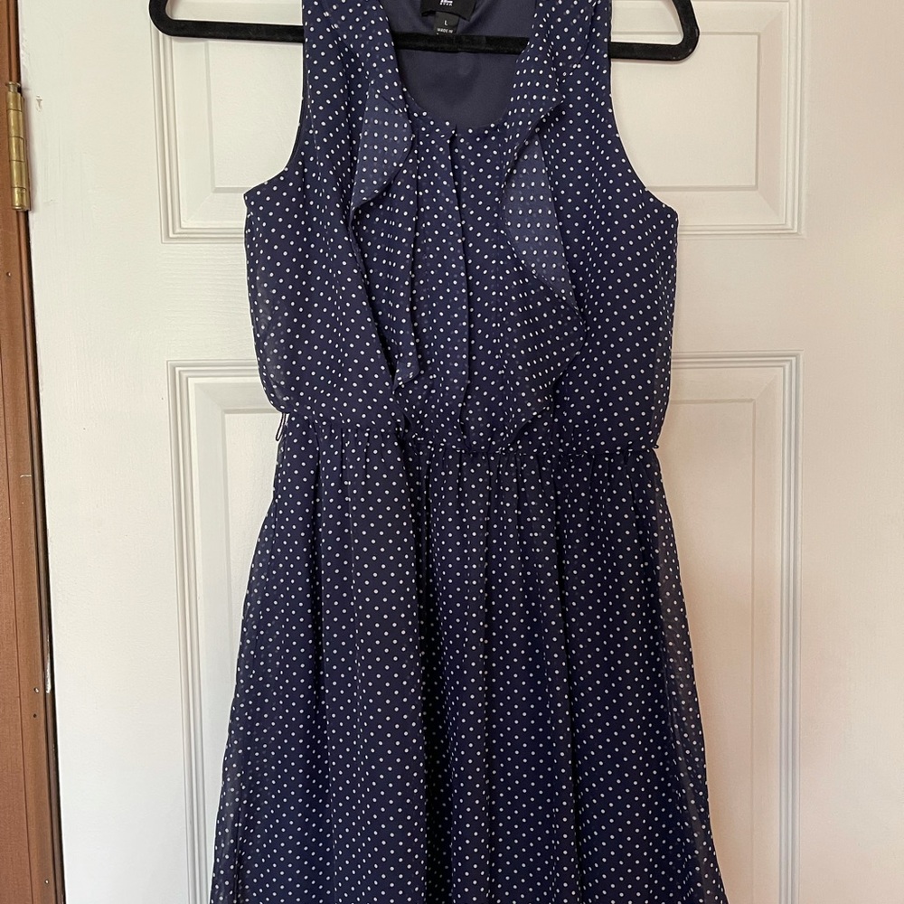 Navy blue and white polka dot ruffle sleeveless dress